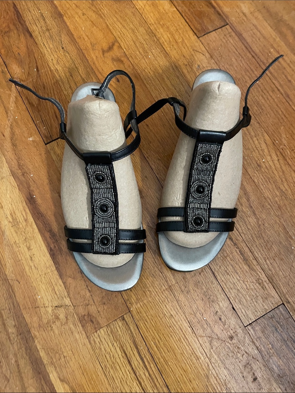 Bandolino Black Strappy Sandals with Metallic Footbed